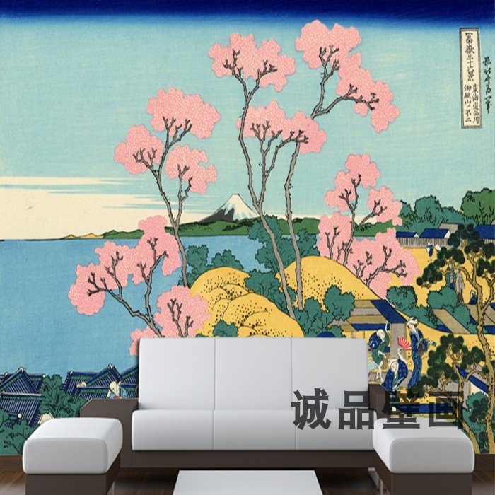 日系樱花富士山墙纸日式风格风景浮世绘壁纸日本和风壁画背景墙布