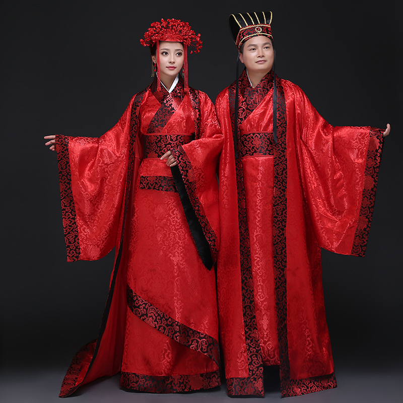 中式婚礼古代婚服红色新郎新娘嫁衣拖尾汉服男女结婚汉唐古装服装