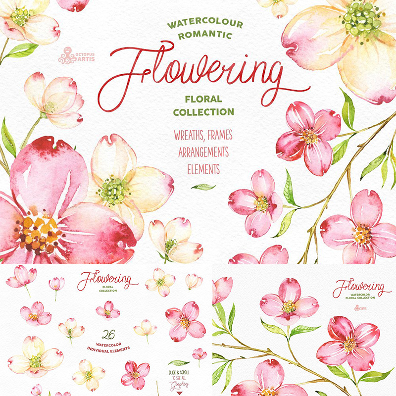 手绘水彩浪漫春天桃花粉红色花朵树叶唯美边框PNG免抠设计素材图