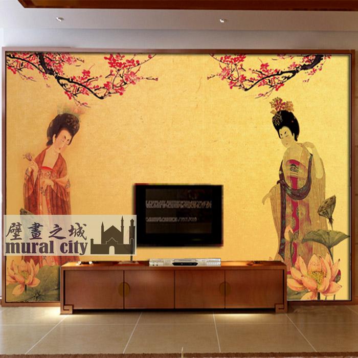 唐朝美人古代美女壁纸簪花仕女图壁画古典中式仕女人物墙纸背景墙