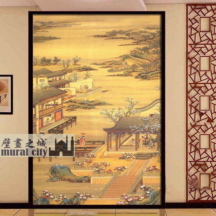 新中式山水庭院墙纸复古风明清宫廷画壁纸布古画十二月令壁画背景