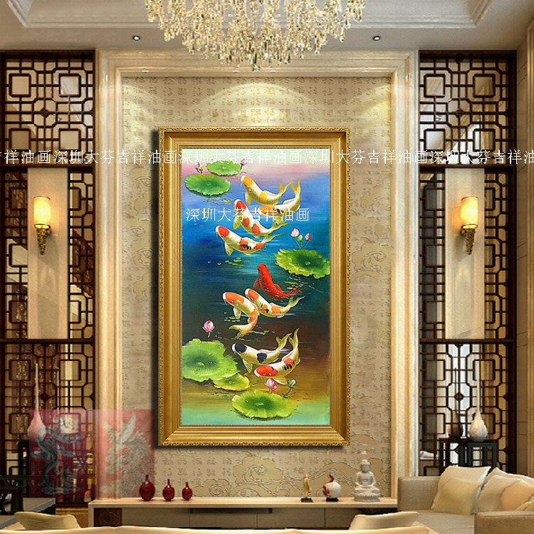 高档手绘九条吉祥鱼油画有框画动物酒店会所玄关家居装饰壁画挂画