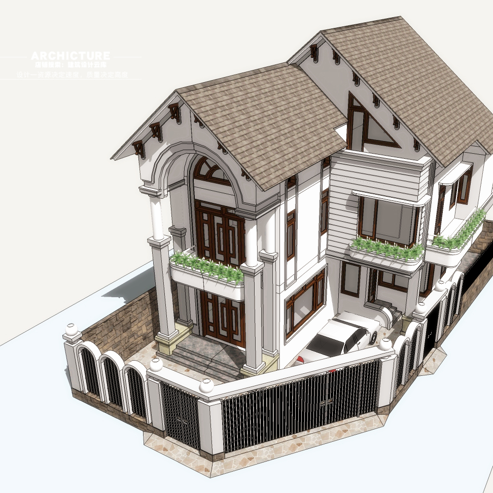 现代欧式偏古典乡村风情两层半别墅民居住宅坡屋顶建筑设计su模型