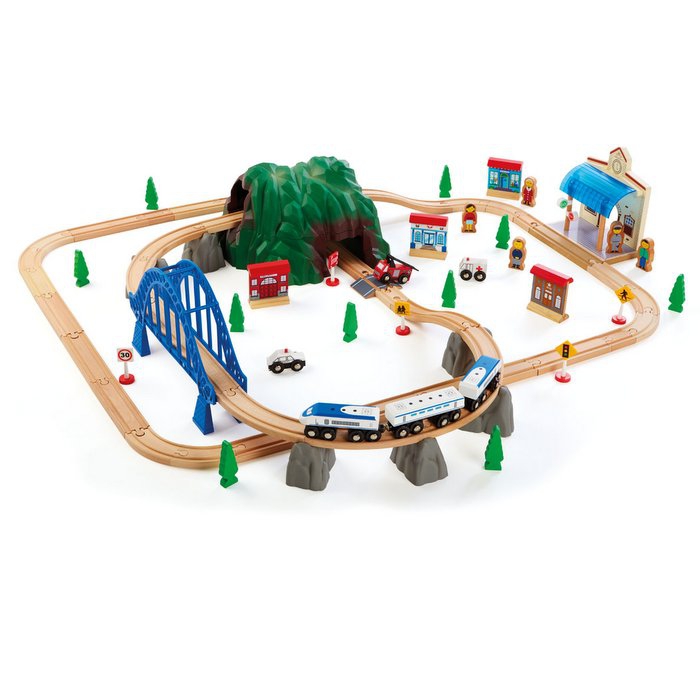 出口小火车积木制火车轨道86件套装双层轨道山洞儿童男孩拼装模型