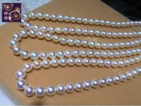 日本Akoya天然海水珍珠项链 进口极强光玻璃镜面花珠 正圆 送妈妈