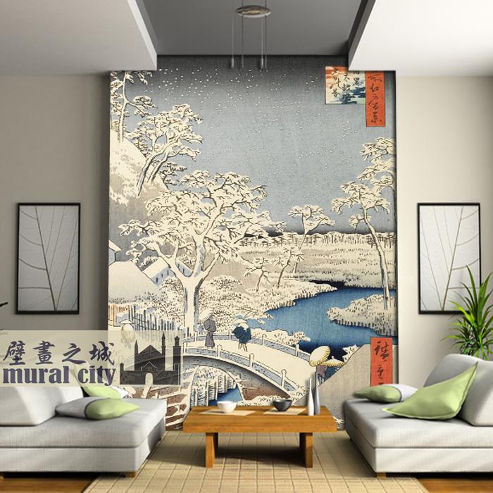 日本江户雪景壁纸 和风日式下雪雪花风光和风浮世绘墙纸江户壁画