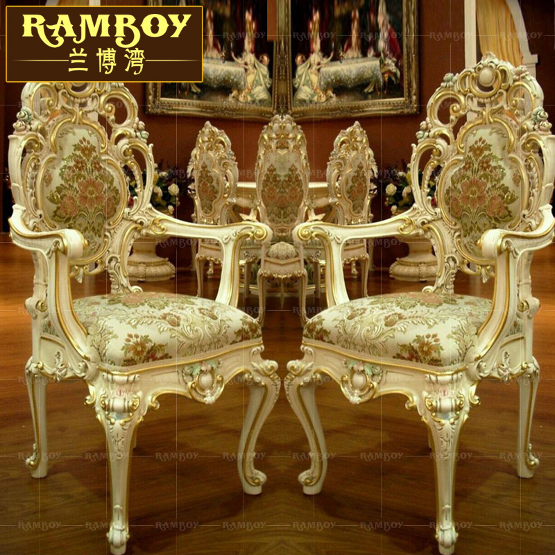 兰博湾欧式实木雕花餐椅法式豪华彩绘扶手餐椅别墅餐厅吃饭椅家具