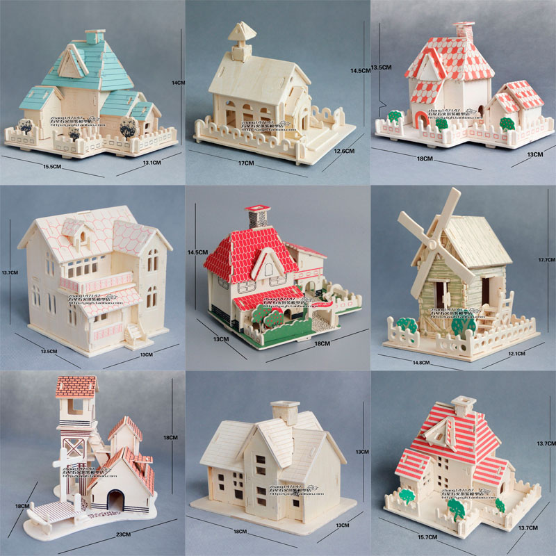 儿童手工组装益智玩具木质3D立体拼图积木建筑模型木头拼装小房子