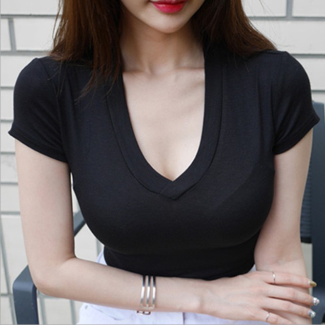 韩国深V弹力性感紧身显胸大T恤女配半身长裙的短袖上衣夏显瘦体恤