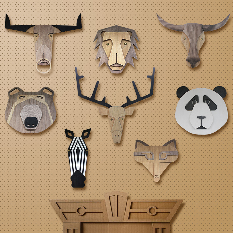 动物头装饰3d狮子熊猫鹿头牛头背景墙饰壁饰美式家居创意儿童北欧