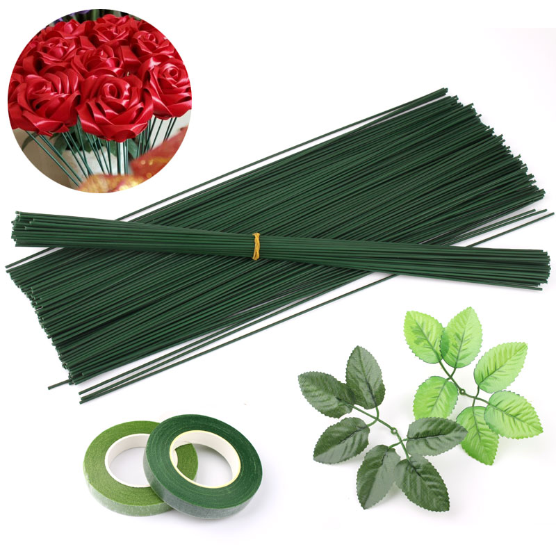DIY丝网花径材料手工花杆丝带玫瑰花棒仿真绿铁丝枝干假叶子胶带