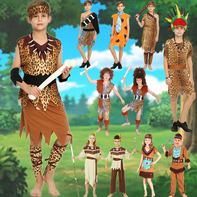 儿童野人表演服装 原始人印第安族人衣服 非洲部落野人猎人演出服