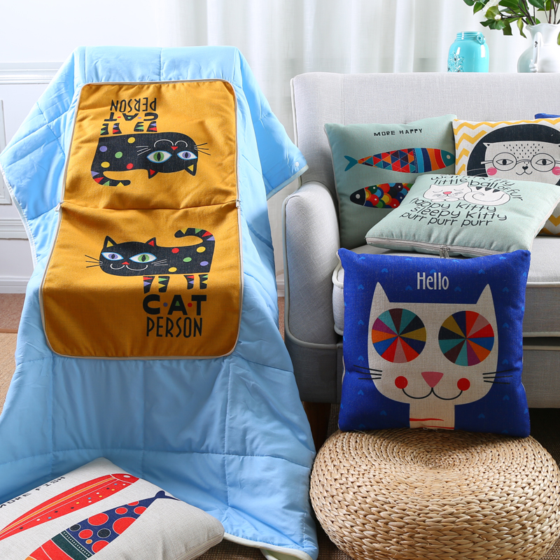 松果屋 猫和鱼棉麻抱枕被子沙发午休盖被盖毯车用空调被多用