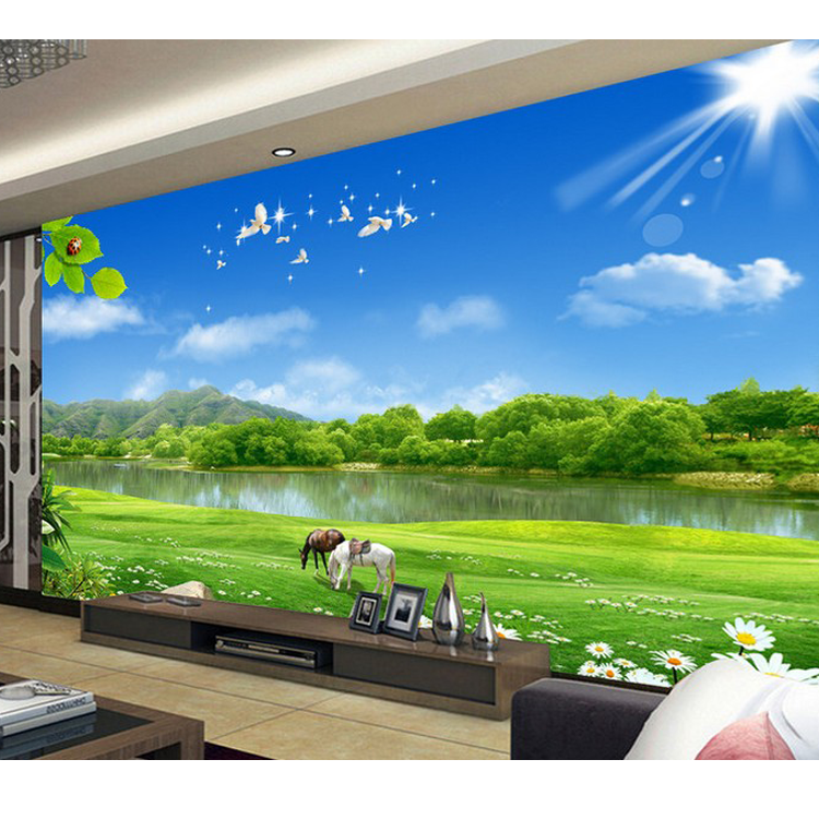 蓝天白云绿色草原电视背景墙定制壁画现代中式客厅沙发阳光马壁纸
