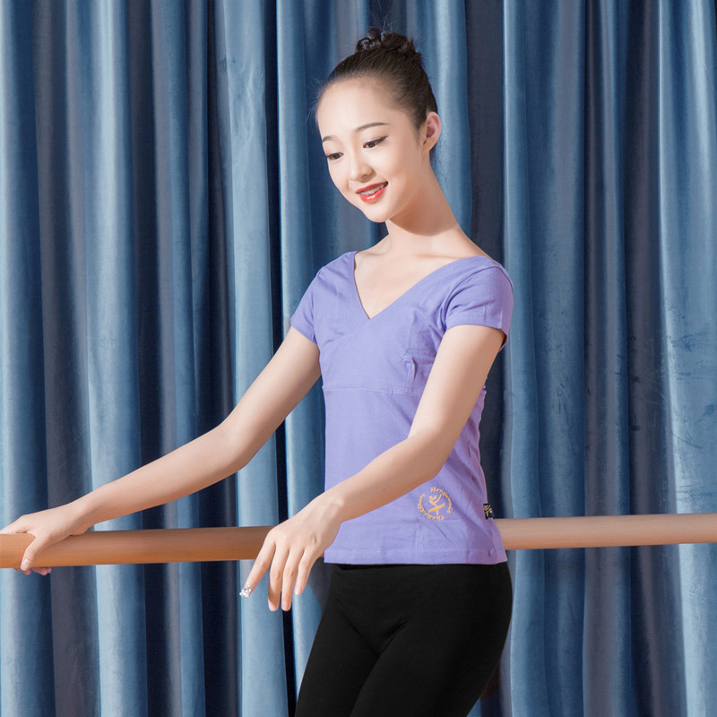 红舞鞋舞蹈练功服形体上衣女棉V领短袖芭蕾中国舞拉丁体操服少儿
