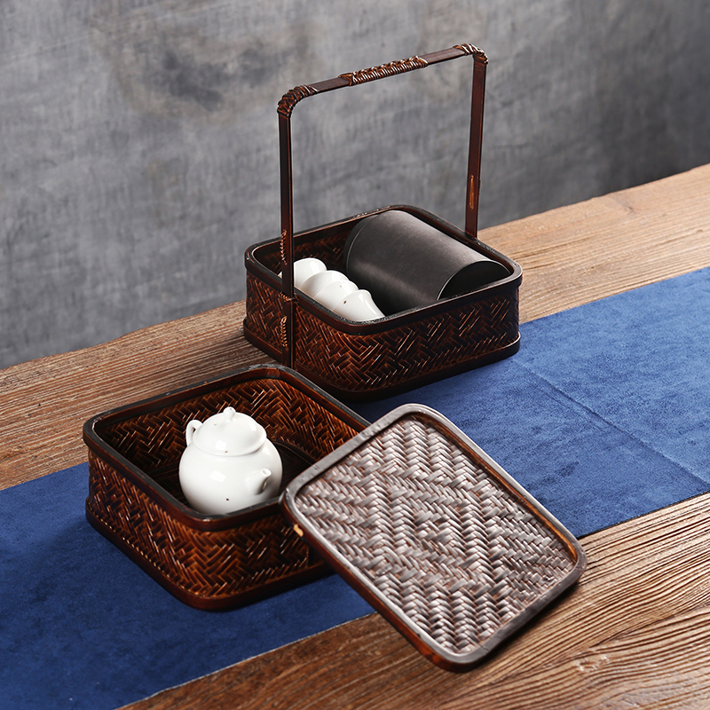 手工竹编双层食盒提篮野餐收纳竹篮子手提筐古代中式复古茶具便携