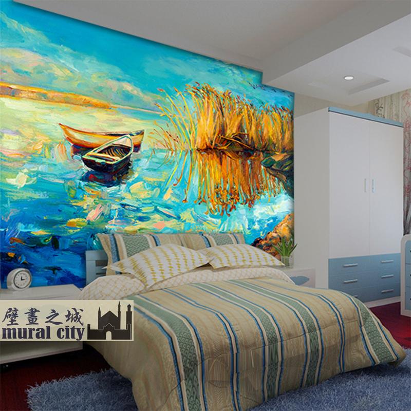 简约油画小船芦苇湖泊壁纸现代油画蓝色天空墙纸电视沙发壁画背景