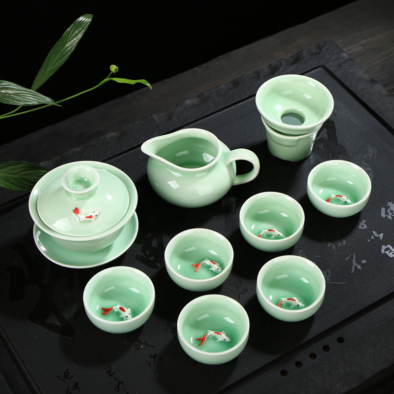青瓷茶具套装 盖碗茶壶鱼杯套装 龙泉青瓷彩鲤鱼茶具套装  特惠