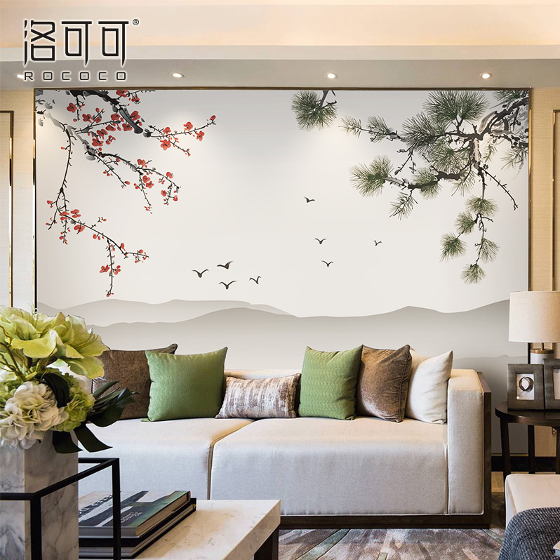 新中式壁纸山高树茂梅花松树客厅卧室电视背景墙无缝定制壁画