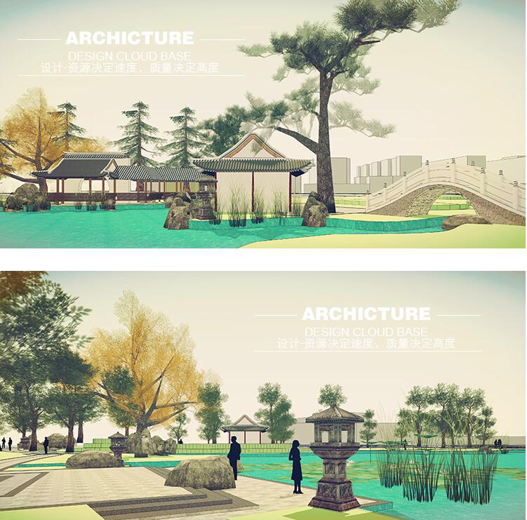su素材中式古典园林仿古建筑亭子亲水公园景观规划设计su模型