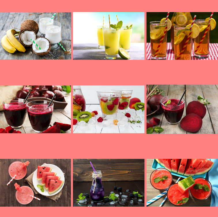 西瓜苹果柠檬猕猴桃椰子草莓榨汁机水果图片菜单背景平面设计素材