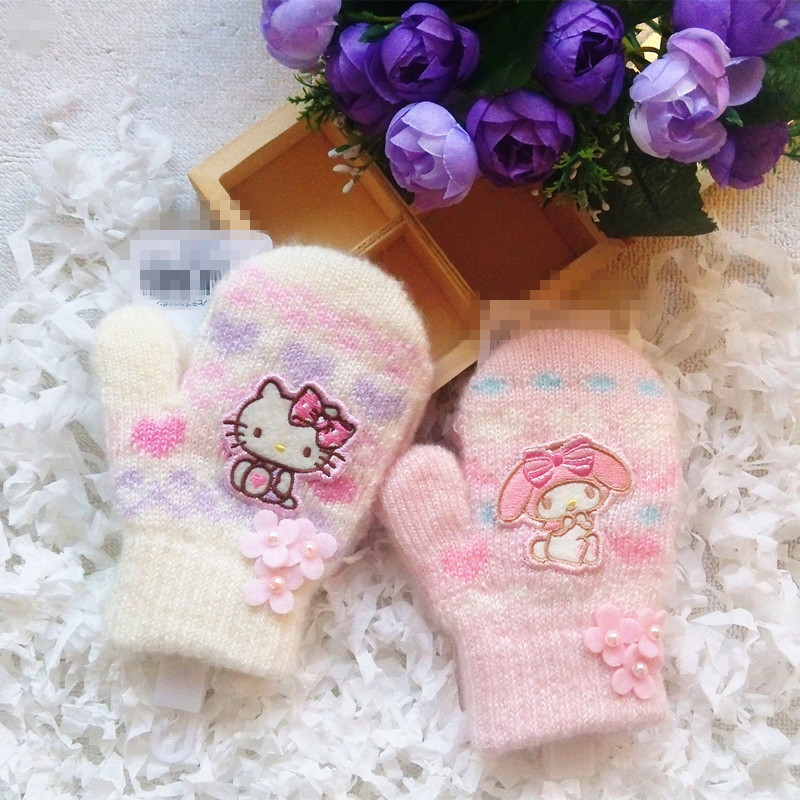 日本订单代购 超可爱KT美乐蒂女童冬季保暖包指连指手套1-3岁