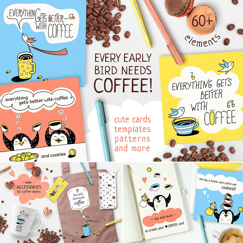 60个可爱卡通企鹅小鸟咖啡马卡龙色卡片背景PNG免抠+矢量设计素材