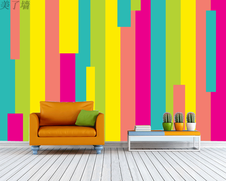 彩色抽象几何图案壁纸七彩条纹手绘墙纸大型商业广场沙发背景壁画