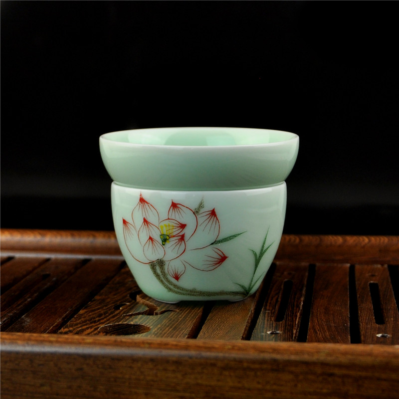 艾芳贝儿茶具-茶道工具青瓷手绘荷花纯色简单茶漏茶滤茶隔(1套装)