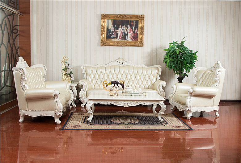 欧式全实木真皮沙发法式古典手工雕花别墅客厅象牙白描金美式沙发