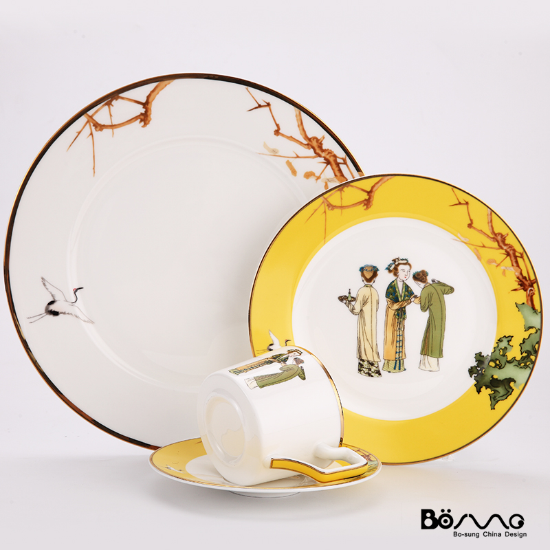 唐朝仕女图餐盘古典帝黄色陶瓷西餐盘新中式古典中式样板房餐具碟