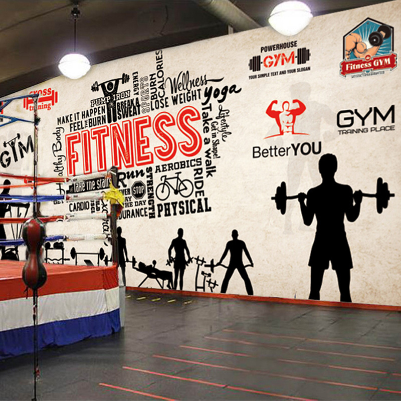 体育运动人物标志健身房会所背景墙瑜伽墙纸个性涂鸦壁纸大型壁画