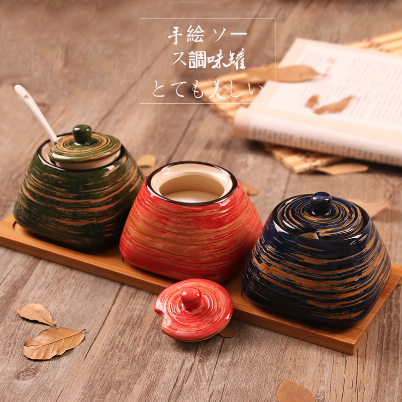 出口手绘日式厨房用品调味盒套装陶瓷家用油盐盒子佐料带盖调料罐