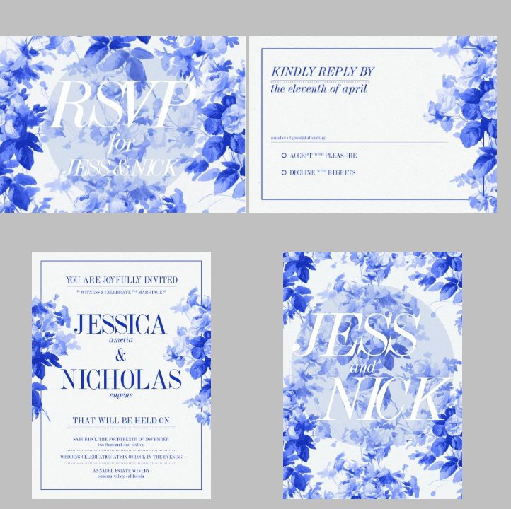 中国风蓝色系-婚礼婚庆背景花朵请柬卡片 EPS矢量设计素材含字体