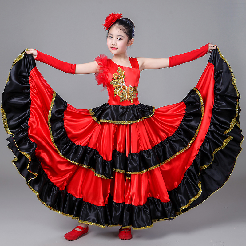 新款儿童女童西班牙斗牛舞蹈大摆裙开场舞演出服装舞台伴舞连衣裙