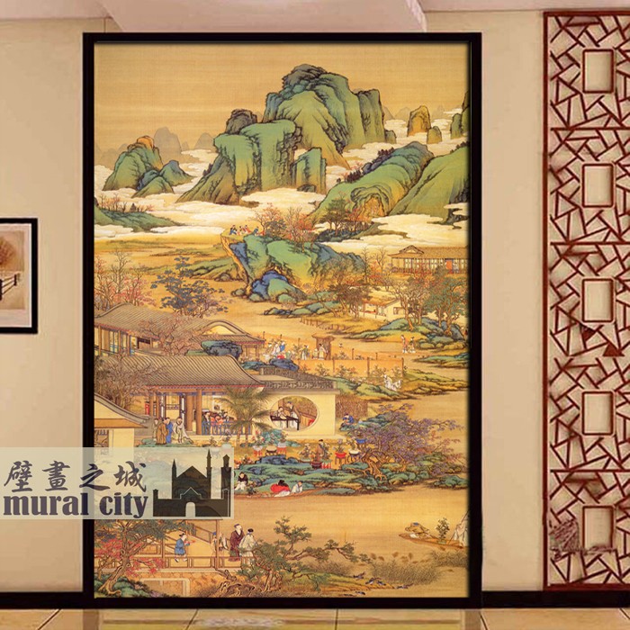新中式山水画墙纸古典青绿国画庭院壁纸明清宫廷壁画茶楼茶室背景