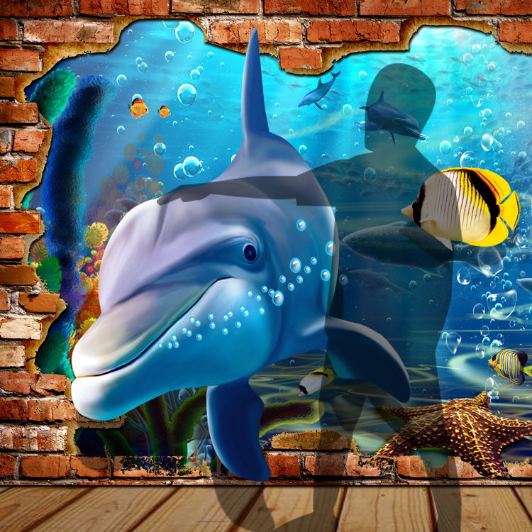 3D墙画打印 3d立体墙贴 游乐园3D墙画 墙面装饰3D画 海豚3d画墙画