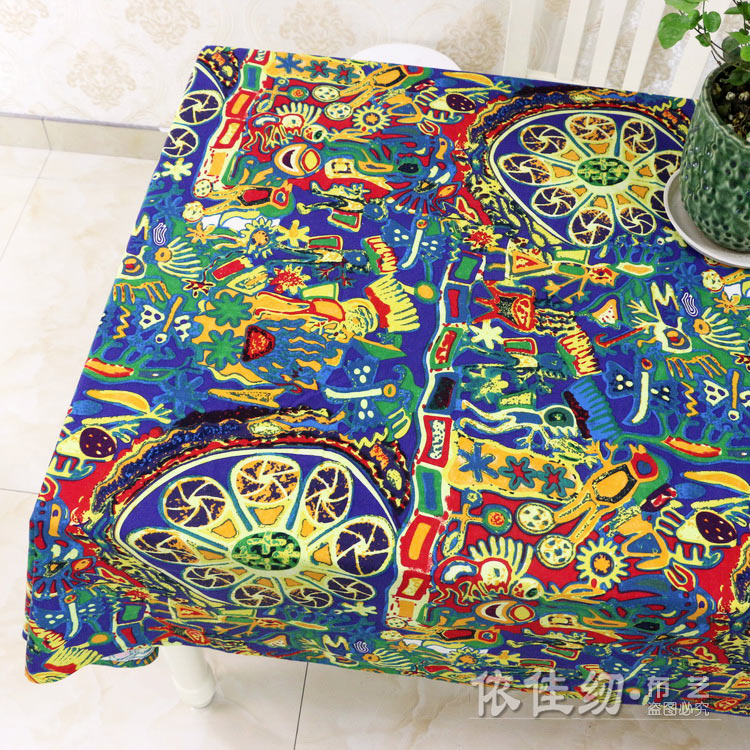 波西米亚民族风桌布艺复古棉麻创意彩色美术绘画书桌布ins茶几布