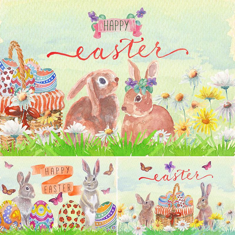 手绘水彩可爱童话小兔子复活节春天草地花朵儿童插画PNG设计素材