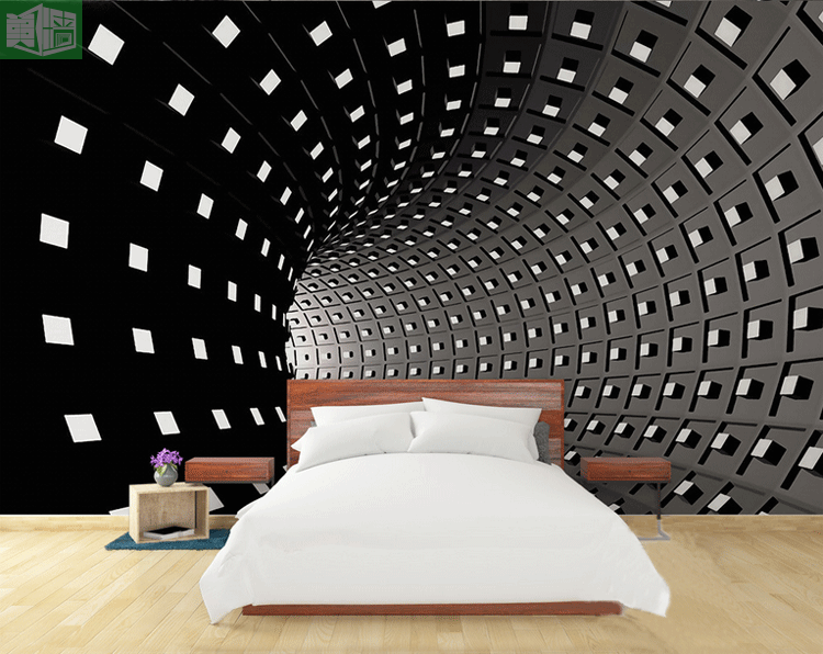3D立体空间时空隧道黑白壁纸VR虚拟现实体验馆智能科技墙纸定制