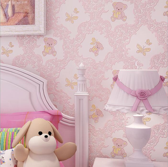 儿童房自粘壁纸环保卡通小熊男孩女孩卧室可爱公主粉色无纺布墙纸