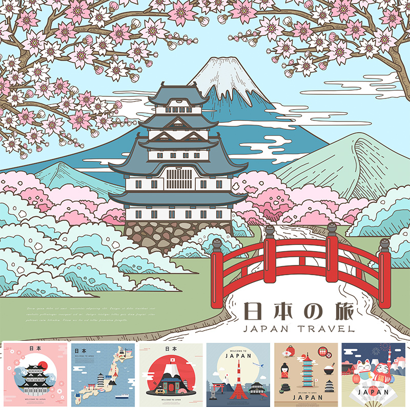 手绘日本旅行地标富士山地图美食扁平化插画AI矢量海报设计素材图