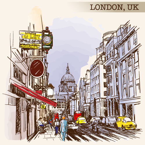 84号伦敦威尼斯意大利城市街景彩色素描手绘EPS矢量设计源文件