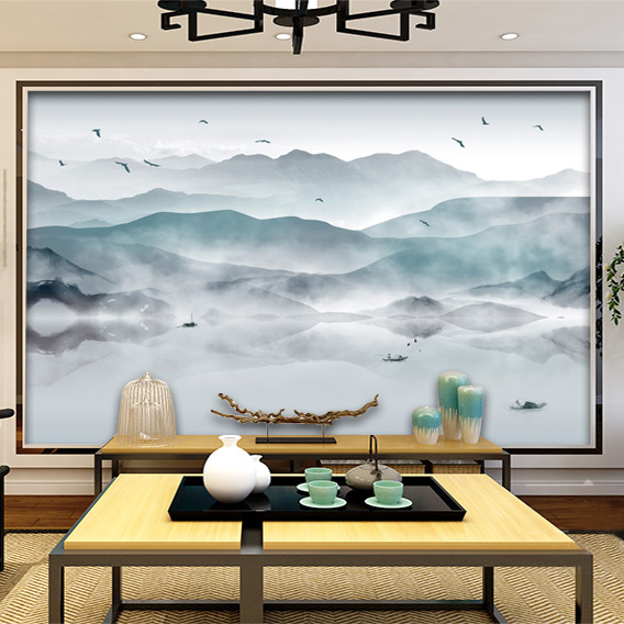 新中式山水意境壁纸云雾清新墙纸电视背景客厅茶楼瑜伽室壁画884