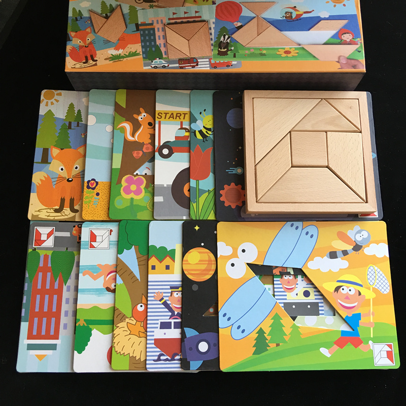 木制儿童2345岁益智智力百变模块拼图玩具创意七巧板15张超大卡片