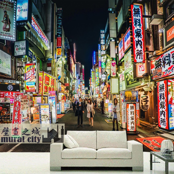 日本街道夜景壁纸东京都市井街景墙纸日本城市夜晚日料壁画背景墙