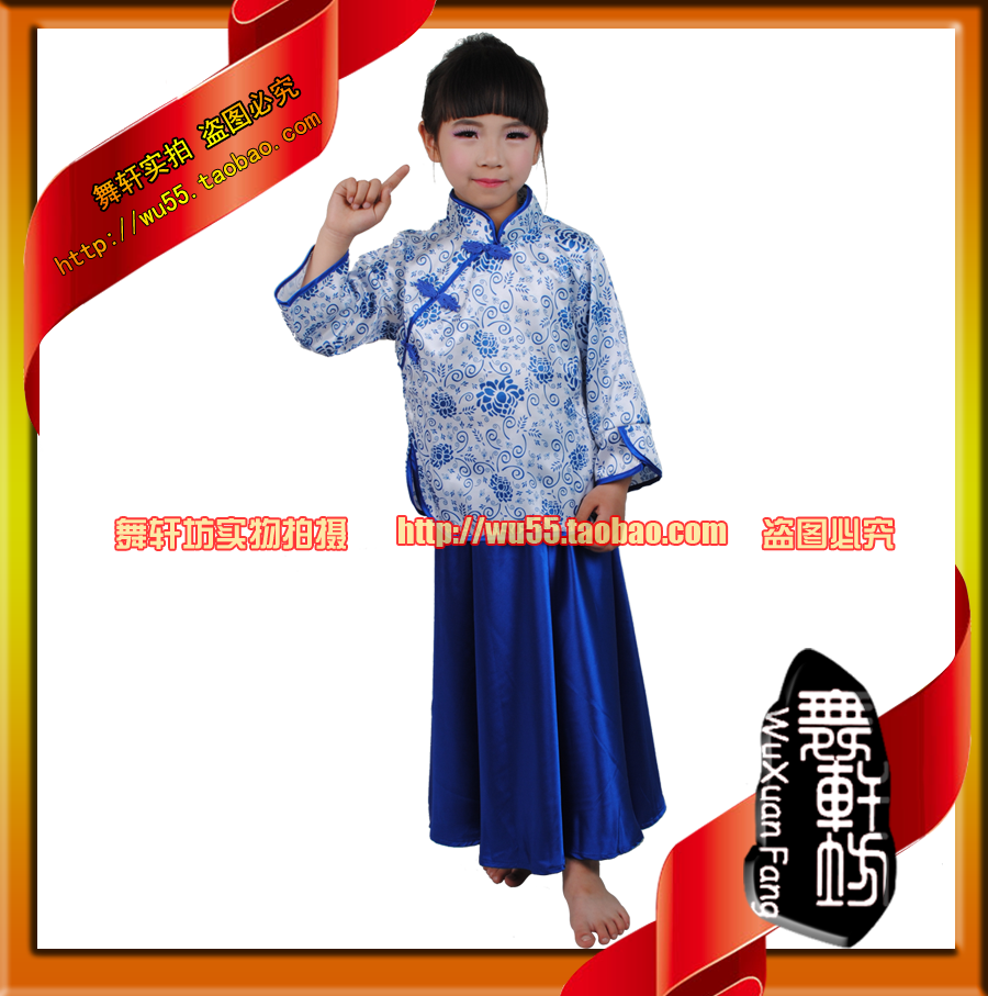 六一新款民族舞蹈服装中国风青花瓷大合唱服长裙女古筝演出服儿童