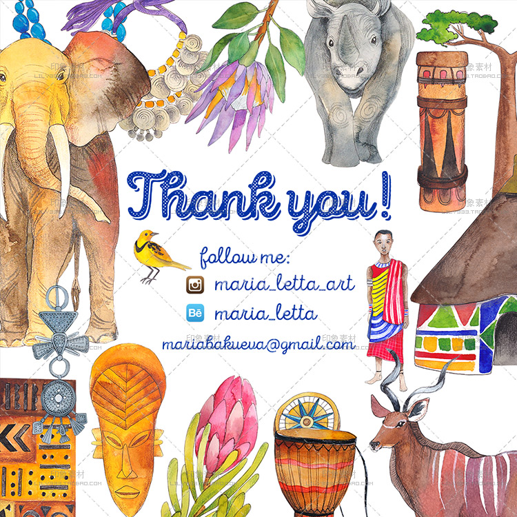 手绘水彩非洲动物大象长颈鹿狮子小鸟卡片PNG免抠EPS矢量设计素材