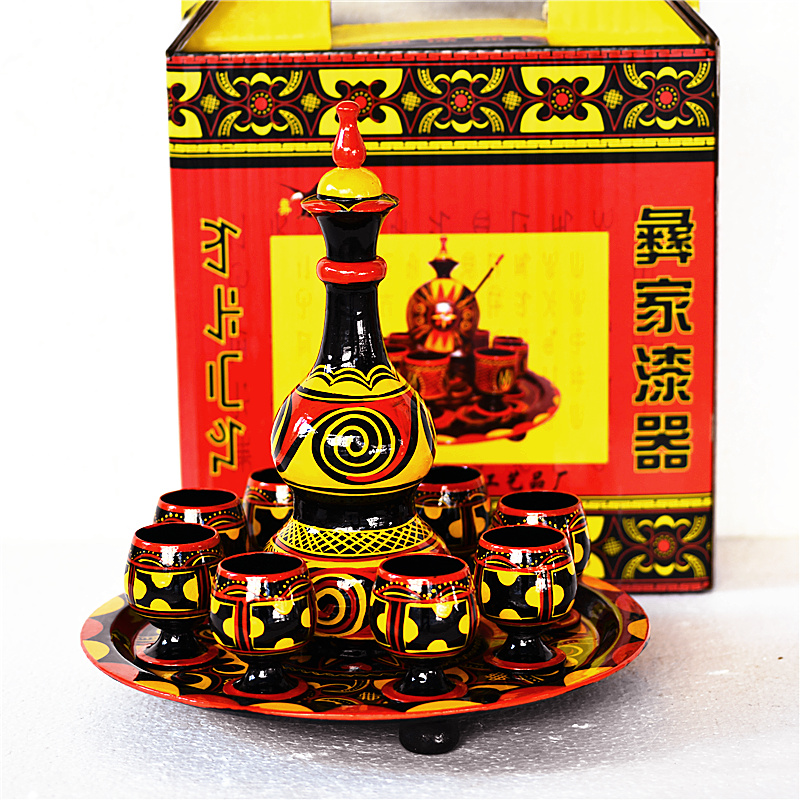 四川凉山少数民族特色彩绘工艺品彝族实木手绘漆器中型葫芦酒具