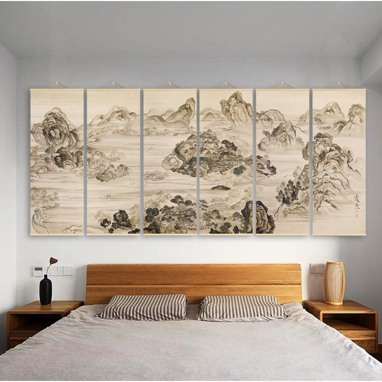西湖春景图屏风大幅壁画日式中式三联装饰画客厅会所浮世绘包邮